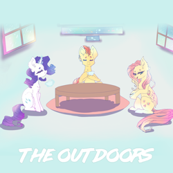 Size: 1400x1400 | Tagged: safe, artist:chocori, fluttershy, rarity, oc, oc:panic, pegasus, pony, unicorn, g4, album cover, female, food, holding, sitting, table, tea, tea party, trio