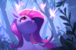 Size: 4212x2770 | Tagged: safe, artist:sugarstar, star swirl, butterfly, earth pony, pony, g4, female, forest, looking up, mare, open mouth, solo