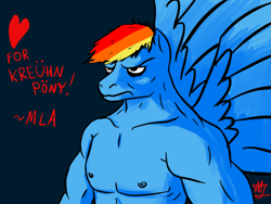 Size: 1280x960 | Tagged: safe, artist:mylittleawesome, rainbow dash, pegasus, pony, anthro, .mov, swag.mov, g4, black background, heart, manly, muscles, nipples, nudity, pony.mov, simple background, solo, text