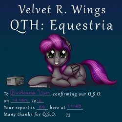 Size: 1400x1400 | Tagged: safe, artist:adagiostring, oc, oc only, oc:radiopony, pegasus, pony, grin, ham radio, headset, looking at you, lying down, prone, radio, smiling, solo, song cover