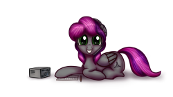 Size: 1920x1080 | Tagged: safe, artist:adagiostring, oc, oc only, oc:radiopony, pegasus, pony, grin, ham radio, headset, looking at you, lying down, prone, radio, simple background, smiling, solo, transparent background