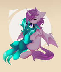 Size: 2200x2600 | Tagged: safe, artist:milkusy, oc, oc only, oc:ametist bell, oc:malachite bliss, alicorn, bat pony, bat pony alicorn, pony, bat wings, cute, duo, high res, horn, hug, male, shipping, simple background, smiling, wings