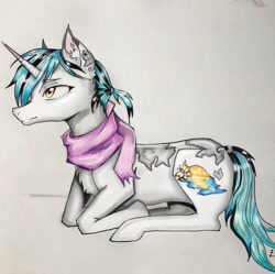 Size: 1170x1164 | Tagged: safe, artist:hysteriana, oc, oc:evening lake, pony, unicorn, amber eyes, chest fluff, clothes, cyan, horn, lying down, male, orange eyes, piercing, ponytail, rule 63, scarf, solo, spots, spotted, stallion, unicorn oc