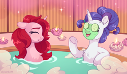 Size: 2048x1205 | Tagged: safe, artist:skysorbett, rarity, oc, oc:ruby shine, alicorn, pony, unicorn, g4, alicorn oc, candle, cucumber, duo, duo female, eyes closed, female, foam, food, horn, mare, mud mask, open mouth, open smile, relaxing, smiling, spa, water, wings