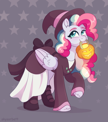 Size: 2097x2357 | Tagged: safe, artist:skysorbett, oc, oc only, oc:sky sorbet, pegasus, pony, bag, candy bag, clothes, costume, dress, female, halloween, halloween costume, hat, high res, holiday, jack-o-lantern, mare, mouth hold, nightmare night, nightmare night costume, pegasus oc, pumpkin, pumpkin bucket, smiling, solo, witch costume, witch hat