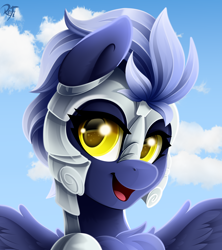 Size: 2400x2700 | Tagged: safe, artist:rainbowfire, oc, oc only, pegasus, pony, armor, armored pony, cute, female, guardsmare, high res, jewelry, looking at you, mare, open mouth, royal guard, simple background, sky, smiling, solo, spread wings, wings, yellow eyes