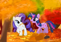 Size: 2360x1640 | Tagged: safe, artist:rayelli, rarity, twilight sparkle, alicorn, pony, unicorn, mlp fim's thirteenth anniversary, g4, autumn, cute, duo, duo female, female, folded wings, forest, horn, jewelry, leaves, lesbian, looking at each other, looking at someone, necklace, ship:rarilight, shipping, tree, twilight sparkle (alicorn), wings