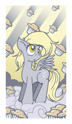 Size: 1050x1800 | Tagged: safe, artist:xkappax, derpy hooves, pegasus, pony, g4, female, food, mare, muffin, muffin rain, o.o, solo, spread wings, that pony sure does love muffins, wings