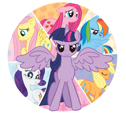 Size: 1009x950 | Tagged: safe, artist:xkappax, applejack, fluttershy, pinkie pie, rainbow dash, rarity, twilight sparkle, alicorn, earth pony, pegasus, pony, unicorn, g4, magical mystery cure, cutie mark swap, mane six, sad, show accurate, simple background, smiling, spread wings, transparent background, twilight sparkle (alicorn), wings