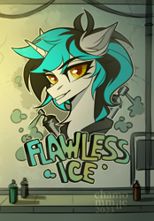 Size: 2100x3019 | Tagged: safe, artist:chamommile, oc, oc only, oc:flawless ice, pony, unicorn, blue mane, city, clothes, commission, cyber eyes, ear fluff, graffiti, high res, horn, light skin, looking at someone, looking at you, ponytail, smiling, smiling at you, solo, two toned hair, unicorn oc, ych result, yellow eyes