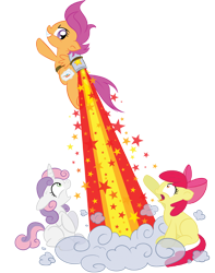 Size: 1080x1368 | Tagged: safe, artist:xkappax, apple bloom, scootaloo, sweetie belle, earth pony, pegasus, pony, unicorn, g4, cutie mark crusaders, design, fake cutie mark, flying, jetpack, rocket, scootaloo can fly, shirt design, simple background, transparent background, trio