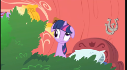 Size: 1307x720 | Tagged: safe, screencap, twilight sparkle, pony, unicorn, g4, look before you sleep, bed, bedroom, derp, dizzy, floppy ears, golden oaks library, solo, tree, unicorn twilight