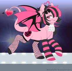 Size: 1000x979 | Tagged: safe, artist:higglytownhero, oc, oc only, oc:heart breaker, bat pony, pony, ahoge, bow, catwalk, clothes, collar, colored hooves, female, fishnet stockings, hair bow, jabot, leg warmers, lidded eyes, looking at you, one eye covered, piercing, socks, solo, spread wings, striped socks, two toned hair, wings