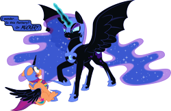 Size: 3216x2096 | Tagged: safe, artist:grypher, nightmare moon, sunny starscout, alicorn, earth pony, pony, mlp fim's thirteenth anniversary, g4, g5, armor, chestplate, clothes, cosplay, costume, duo, ethereal mane, ethereal tail, g5 to g4, generation leap, helmet, high res, hoof shoes, horn, looking at each other, looking at someone, magic, nightmare moon armor, nightmare night, nightmare night costume, nightmare sunny, peytral, simple background, speech bubble, spread wings, starry mane, starry tail, tail, telekinesis, this will end in death, this will end in tears, this will end in tears and/or death, transparent background, wings