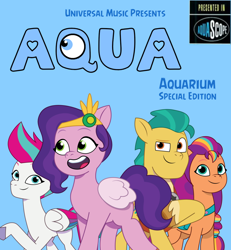 Size: 1196x1292 | Tagged: safe, artist:edy_january, artist:prixy05, hitch trailblazer, pipp petals, sunny starscout, zipp storm, earth pony, pegasus, pony, g5, album, album cover, album parody, aqua, blue background, female, group, male, mare, parody, reference, simple background, song, song reference, stallion, vector used