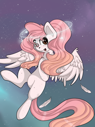 Size: 1500x2000 | Tagged: safe, artist:milkusy, oc, oc only, pegasus, pony, female, flying, looking at you, mare, nimbus, open mouth, pegasus oc, solo, space, wings