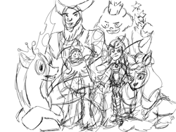 Size: 2000x1500 | Tagged: safe, artist:ciaran, jewel wizard, lavan, lord tirek, opaline arcana, queen chrysalis, sonata dusk, alicorn, changeling, changeling queen, minotaur, mlp fim's thirteenth anniversary, g4, g5, looking at you, pencil drawing, simple background, sketch, traditional art, white background, wip