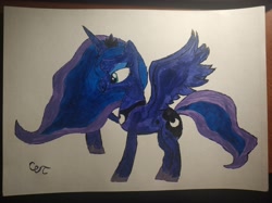 Size: 4032x3016 | Tagged: safe, artist:пшеница, derpibooru exclusive, princess luna, alicorn, pony, g4, acrylic painting, female, mare, raised hoof, simple background, solo, spread wings, traditional art, wings