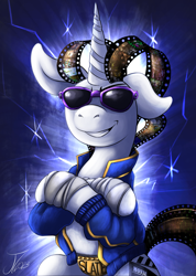 Size: 1728x2433 | Tagged: safe, artist:jamescorck, oc, oc:movie slate, pony, unicorn, clothes, cosplay, costume, female, johnny cage, mare, mortal kombat, solo, sunglasses