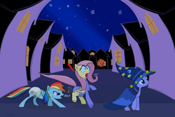 Size: 2400x1600 | Tagged: safe, artist:drasill, fluttershy, rainbow dash, twilight sparkle, pegasus, pony, g4, diaper, diaper fetish, exclamation point, fetish, halloween, holiday, jumping, night, non-baby in diaper, onesie, pissing, pumpkin bucket, scared, star swirl the bearded costume, text, town, urine, wet diaper