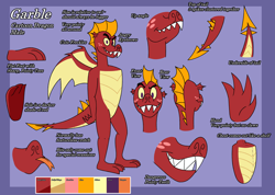 Size: 5615x4000 | Tagged: safe, artist:aaron amethyst, garble, dragon, g4, fangs, freckles, male, reference sheet, solo, text, wings