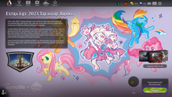 Size: 1920x1080 | Tagged: artist needed, safe, applejack, fluttershy, pinkie pie, rainbow dash, butterfly, g4, official, ajani goldmane, balloon, crossover, extra life, game, looking at you, magic the gathering, magic the gathering arena, my little pony logo, one eye closed, planeswalker, ponies the galloping, rainbow, wingless, wink