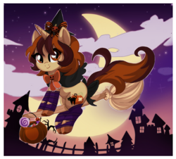 Size: 2677x2415 | Tagged: safe, artist:spookyle, oc, oc:pumpkin patch, pony, unicorn, broom, candy, crescent moon, female, food, halloween, hat, high res, holiday, mare, moon, nightmare night, pumpkin bucket, solo, witch hat