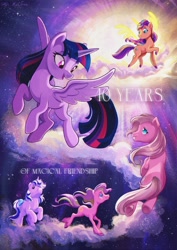 Size: 1529x2160 | Tagged: safe, artist:askometa, pinkie pie (g3), sundance (g2), sunny starscout, sunsparkle, twilight, twilight sparkle, alicorn, earth pony, pony, unicorn, mlp fim's thirteenth anniversary, g1, g2, g3, g4, g5, 40th anniversary, bow, crossover, eyebrows, flying, group, looking at each other, looking at someone, night, open mouth, quintet, running, smiling, smiling at each other, soar, space, spread wings, stars, tail, tail bow, twilight sparkle (alicorn), wings