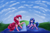 Size: 5286x3474 | Tagged: safe, artist:pony-stark, izzy moonbow, pinkie pie, earth pony, pony, unicorn, mlp fim's thirteenth anniversary, g4, g5, celebration, crossover, izzy and her heroine, splashing, water