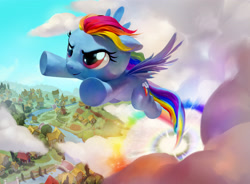 Size: 3334x2449 | Tagged: safe, artist:john thacker, rainbow dash, pegasus, pony, g4, official, bridge, cloud, female, flying, high res, house, magic the gathering, mare, mill, outdoors, ponies the galloping, ponyville, river, smiling, solo, sonic rainboom, spread wings, tree, water, windmill, wings