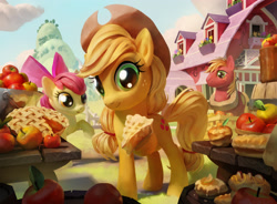 Size: 3334x2449 | Tagged: safe, artist:john thacker, apple bloom, applejack, big macintosh, earth pony, pony, g4, official, apple, apple bloom's bow, apple pie, applejack's hat, barn, barrel, bow, bucket, cloud, cowboy hat, female, fence, filly, flower, foal, food, hair bow, hairband, hat, high res, hill, looking at you, magic the gathering, male, mare, offering, outdoors, pie, pie slice, ponies the galloping, slice, stallion, sweet apple acres, table, tail, tail band, tree, trio