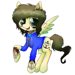 Size: 4500x4500 | Tagged: safe, artist:cactuscruncher, derpibooru exclusive, pegasus, pony, absurd resolution, blushing, brown hair, brown mane, christofer drew, cigarette, clothes, ear piercing, emo, face paint, feather, gauges, green eyes, jacket, lidded eyes, lip piercing, looking at you, male, messy hair, messy mane, messy tail, open mouth, open smile, piercing, ponified, raised hoof, shiny eyes, shirt, simple background, smiling, smoking, solo, spider bites, spread wings, stallion, standing, tail, tattoo, transparent background, wings, yellow coat