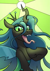 Size: 1115x1572 | Tagged: safe, artist:rtootb, queen chrysalis, changeling, changeling queen, g4, blue mane, fanart, fangs, female, forked tongue, green background, green eyes, halfbody, looking at you, mare, open mouth, simple background, smiling, solo, spread wings, tongue out, transparent wings, wings
