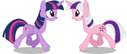 Size: 3287x1412 | Tagged: safe, artist:calibykitty, artist:n0kkun, twilight, twilight sparkle, alicorn, pony, unicorn, mlp fim's thirteenth anniversary, g1, g4, collaboration, cute, duo, duo female, female, generational ponidox, grin, looking at each other, looking at someone, mare, raised hoof, raised leg, simple background, smiling, transparent background, trotting, twiabetes, twilight sparkle (alicorn)