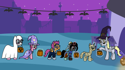 Size: 1920x1080 | Tagged: safe, artist:platinumdrop, derpy hooves, pinkie pie, ruby pinch, scootaloo, zapp, oc, oc:ebony darkness, oc:healing touch, bat, g4, candy, cape, chun li, clothes, commission, costume, food, ghost costume, halloween, halloween costume, happy, hat, holiday, hoof hold, jack-o-lantern, magic, mouth hold, mummy costume, night, night sky, nightmare night, ponyville, power ponies, pumpkin, pumpkin bucket, sky, smiling, stars, telekinesis, trixie's cape, trixie's hat