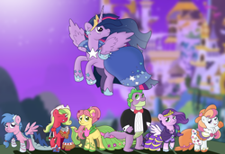 Size: 6590x4500 | Tagged: safe, artist:sparkfler85, derpibooru exclusive, applejack (g3), firefly, light heart, pipp petals, posey bloom, spike, twilight sparkle, alicorn, dragon, earth pony, pegasus, pony, mlp fim's thirteenth anniversary, g1, g2, g3, g4, g5, the last problem, 40th anniversary, bedroom eyes, boots, bowtie, canterlot, cape, clothes, cowboy hat, crown, dress, ear piercing, earring, fangs, female, flower, flower in hair, flying, gala, gala dress, generation leap, gigachad spike, hat, headband, jewelry, just like geoffrey, makeup, male, necklace, older, older spike, older twilight, older twilight sparkle (alicorn), one eye closed, piercing, ponytail, pose, princess twilight 2.0, regalia, shoes, spike's first bow tie, spread wings, suit, twilight sparkle (alicorn), wings, wink