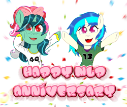 Size: 4080x3420 | Tagged: safe, artist:wojtek-ツ, derpibooru exclusive, dj pon-3, fizzy, vinyl scratch, pony, twinkle eyed pony, unicorn, mlp fim's thirteenth anniversary, g1, g4, banner, bow, celebration, clothes, confetti, cute, duo, duo female, elderly, eye clipping through hair, female, fizzybetes, generation leap, happy, hooves, hooves up, open mouth, open smile, png, shirt, simple background, smiling, transparent background