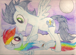 Size: 1024x742 | Tagged: safe, artist:northlights8, rainbow dash, soarin', pegasus, pony, g4, blushing, cloud, female, male, mare, ship:soarindash, shipping, stallion, straight, traditional art