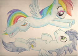 Size: 1024x742 | Tagged: safe, artist:northlights8, rainbow dash, soarin', pegasus, pony, g4, blushing, female, flying, male, mare, ship:soarindash, shipping, stallion, straight, traditional art