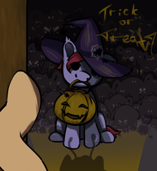 Size: 1488x1626 | Tagged: safe, artist:ju4111a, oc, oc only, oc:svatya, oc:vet, bat pony, spider, creepy, door, duo, duo male, halloween, hat, holiday, looking at someone, male, pumpkin, pumpkin bucket, raised hoof, shadow, sitting, spider web, spooky, trick or treat, witch hat