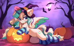 Size: 3489x2160 | Tagged: safe, alternate character, alternate version, artist:airiniblock, oc, oc only, alicorn, bat, pony, rcf community, belly, clothes, commission, ear fluff, halloween, hat, high res, holiday, hut, jack-o-lantern, moon, night, pumpkin, round belly, socks, solo, striped socks, tree, witch hat, ych result