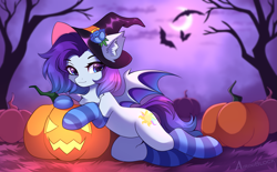 Size: 3489x2160 | Tagged: safe, alternate character, alternate version, artist:airiniblock, oc, oc only, oc:vampie, bat, bat pony, pony, rcf community, belly, clothes, commission, ear fluff, halloween, hat, high res, holiday, hut, jack-o-lantern, moon, night, pumpkin, round belly, socks, solo, striped socks, tree, witch hat, ych result