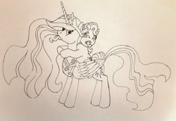 Size: 2289x1575 | Tagged: safe, artist:invalid-david, starlight (g1), twilight sparkle, alicorn, earth pony, pony, mlp fim's thirteenth anniversary, g1, g4, female, monochrome, pen drawing, tongue out, traditional art, twilight sparkle (alicorn)