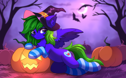 Size: 3489x2160 | Tagged: safe, alternate character, alternate version, artist:airiniblock, oc, oc only, oc:aqua grass, bat, pegasus, pony, rcf community, belly, clothes, commission, ear fluff, halloween, hat, high res, holiday, hut, jack-o-lantern, moon, night, pegasus oc, pumpkin, round belly, socks, solo, striped socks, tree, witch hat, ych result
