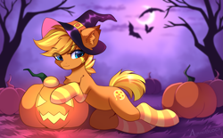 Size: 3489x2160 | Tagged: safe, alternate character, alternate version, artist:airiniblock, oc, oc only, bat, earth pony, pegasus, pony, rcf community, belly, clothes, commission, ear fluff, halloween, hat, high res, holiday, hut, jack-o-lantern, moon, night, pegasus oc, pumpkin, round belly, socks, solo, striped socks, tree, witch hat, ych result
