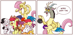 Size: 1031x508 | Tagged: safe, artist:syxpack, apple bloom, discord, scootaloo, sweetie belle, bird, chicken, earth pony, pegasus, pony, unicorn, discordant harmony, g4, scare master, 101 dalmatians, 2 panel comic, animal costume, applejack's hat, breaking the fourth wall, candy, chicken suit, clothes, comic, commission, commissioner:zcord, costume, cowboy, cowboy hat, cruella de vil, cutie mark crusaders, discord being discord, fangs, fluttershy suit, food, halloween, hat, holiday, horn, implied applejack, implied lesbian, implied rainbow dash, implied rarijack, implied rarity, implied shipping, pumpkin bucket, running, scaring, scootachicken, simple background, spread wings, sweat, talking to viewer, troll, white background, wings