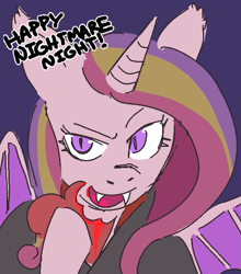 Size: 581x659 | Tagged: safe, artist:reponer, princess cadance, alicorn, bat pony, bat pony alicorn, pony, undead, vampire, vampony, g4, bat ponified, bat wings, blood, blue background, cloak, clothes, fangs, female, halloween, heart, holiday, horn, looking at you, lovebat, mare, nightmare night, open mouth, open smile, purple eyes, race swap, simple background, sketch, smiling, smiling at you, solo, spread wings, wings