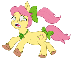 Size: 3704x3016 | Tagged: safe, artist:mjangelvortex, derpibooru exclusive, posey bloom, earth pony, pony, mlp fim's thirteenth anniversary, g5, bow, digital art, female, hair bow, high res, jewelry, mare, necklace, ponytail, posey can't catch a break, running, scared, screaming, simple background, tail, tail bow, transparent background, wip