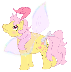 Size: 3472x3504 | Tagged: safe, artist:mjangelvortex, rosedust, flutter pony, mlp fim's thirteenth anniversary, g1, bow, digital art, feather, female, glowing, glowing wings, high res, insect wings, looking up, mare, queen rosedust, simple background, smiling, sparkles, tail, tail bow, transparent background, transparent wings, wings, wip