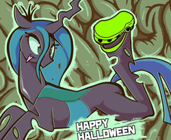 Size: 2428x1978 | Tagged: safe, artist:yidwags, queen chrysalis, changeling, changeling queen, g4, abstract background, anatomically incorrect, concave belly, crocs, female, halloween, halloween 2023, holiday, incorrect leg anatomy, lying down, mare, slender, solo, text, thin, tongue out